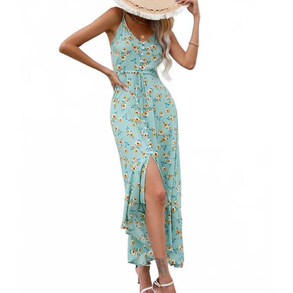 NEW DRESSLILY v neck button down dress in blue-green - Picture 3 of 3